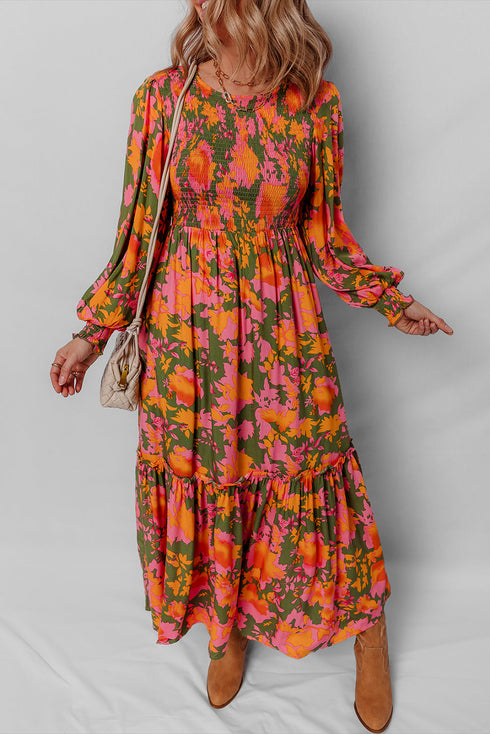 Bohemian Smocked Bodice Puff Sleeve Ruffled Long Floral Dress