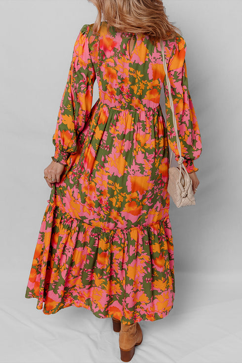 Bohemian Smocked Bodice Puff Sleeve Ruffled Long Floral Dress