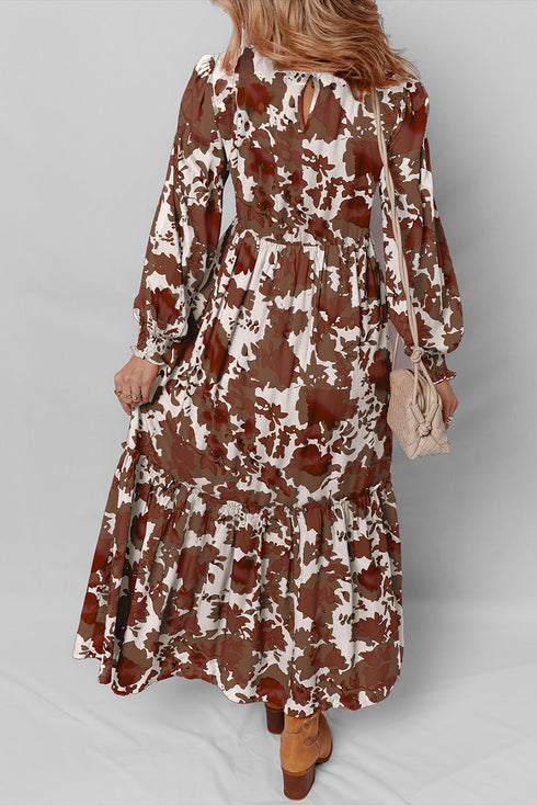 Bohemian Smocked Bodice Puff Sleeve Ruffled Long Floral Dress
