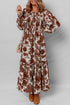 Bohemian Smocked Bodice Puff Sleeve Ruffled Long Floral Dress