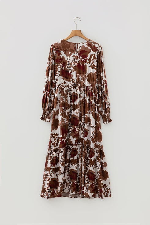 Bohemian Smocked Bodice Puff Sleeve Ruffled Long Floral Dress