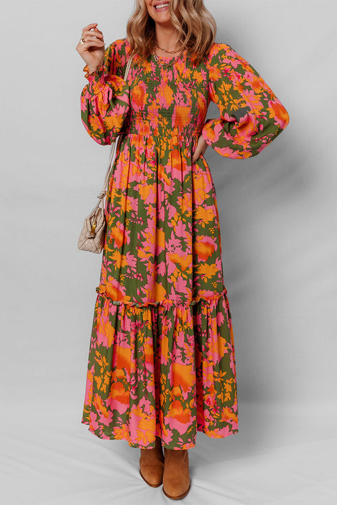 Bohemian Smocked Bodice Puff Sleeve Ruffled Long Floral Dress