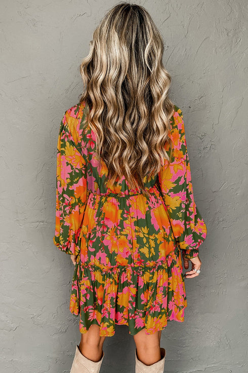 Bohemian Smocked Ruffled Long Sleeve A Line Floral Dress