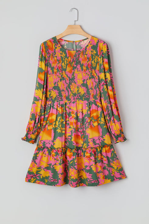 Bohemian Smocked Ruffled Long Sleeve A Line Floral Dress
