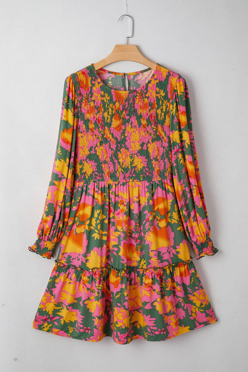 Bohemian Smocked Ruffled Long Sleeve A Line Floral Dress