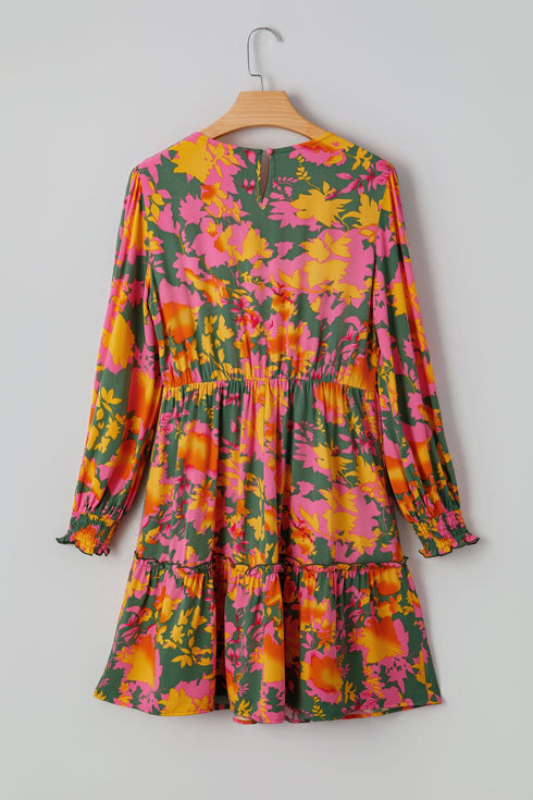 Bohemian Smocked Ruffled Long Sleeve A Line Floral Dress