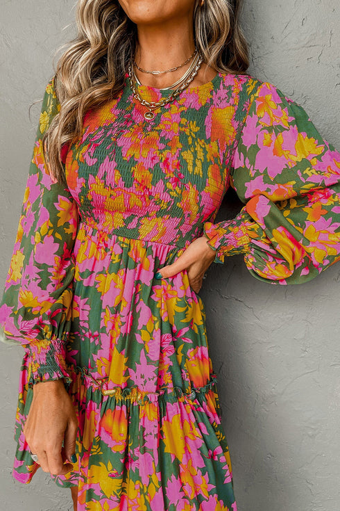 Bohemian Smocked Ruffled Long Sleeve A Line Floral Dress