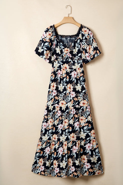 Bohemian Smocked Short Sleeve High Waist Maxi Floral Dress