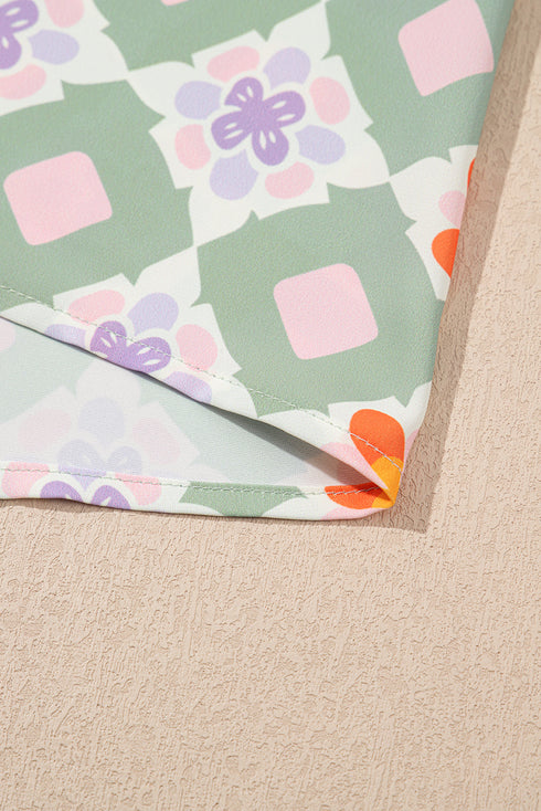 Bohemian Spirit Geometric Floral Notched Neck Three Quarter Sleeve Mini Shift Dress