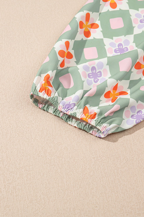 Bohemian Spirit Geometric Floral Notched Neck Three Quarter Sleeve Mini Shift Dress