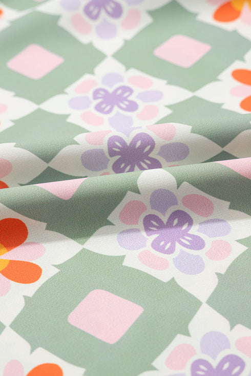 Bohemian Spirit Geometric Floral Notched Neck Three Quarter Sleeve Mini Shift Dress