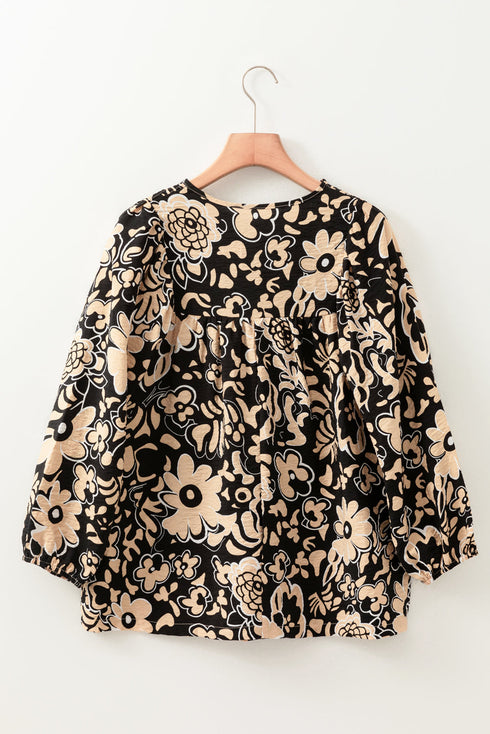 Bohemian Split Neck Shirred Yoke Bracelet Sleeve Blouse