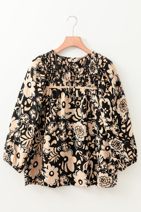 Bohemian Split Neck Shirred Yoke Bracelet Sleeve Blouse