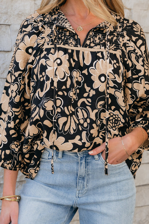 Bohemian Split Neck Shirred Yoke Bracelet Sleeve Blouse