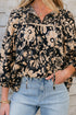 Bohemian Split Neck Shirred Yoke Bracelet Sleeve Blouse