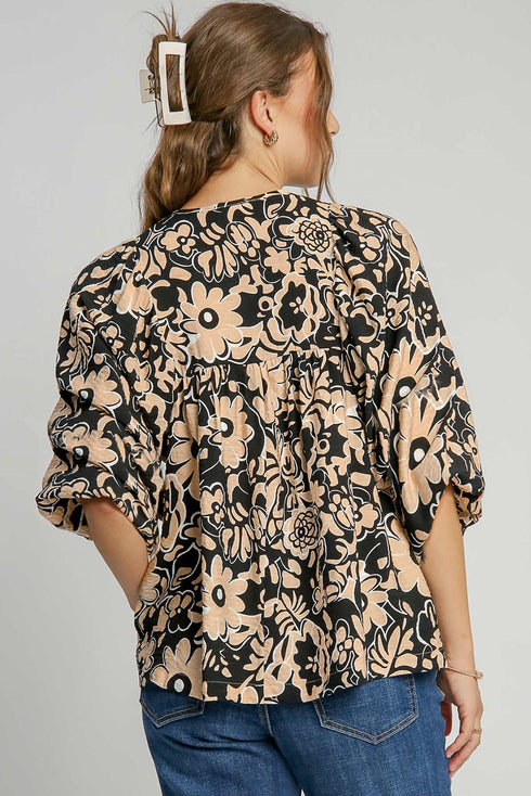 Bohemian Split Neck Shirred Yoke Bracelet Sleeve Blouse
