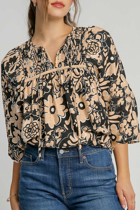 Bohemian Split Neck Shirred Yoke Bracelet Sleeve Blouse