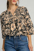 Bohemian Split Neck Shirred Yoke Bracelet Sleeve Blouse