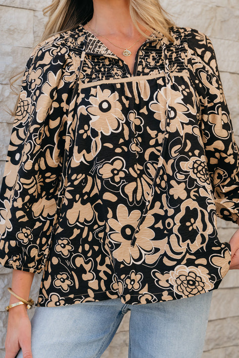 Bohemian Split Neck Shirred Yoke Bracelet Sleeve Blouse