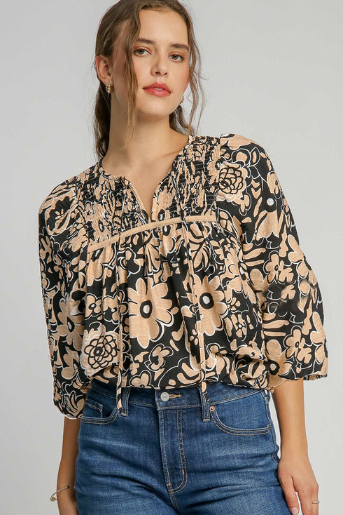Bohemian Split Neck Shirred Yoke Bracelet Sleeve Blouse