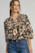 Bohemian Split Neck Shirred Yoke Bracelet Sleeve Blouse