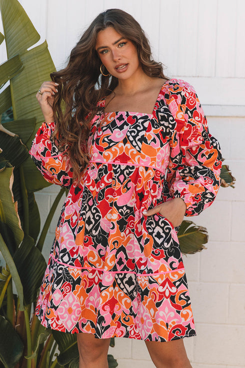 Bohemian Square Neck Puff Sleeve Mini Dress