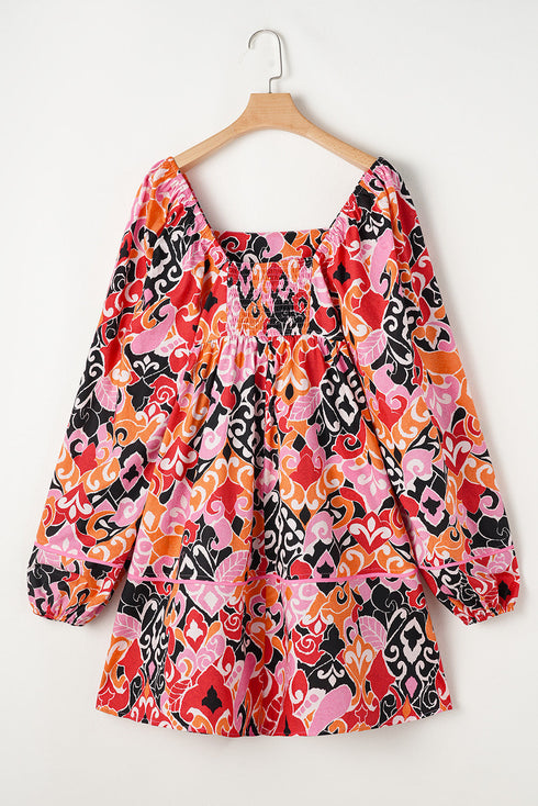 Bohemian Square Neck Puff Sleeve Mini Dress