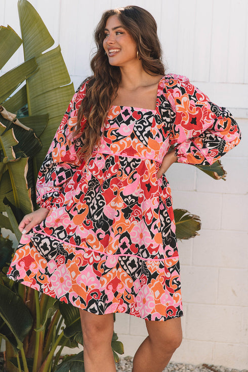 Bohemian Square Neck Puff Sleeve Mini Dress