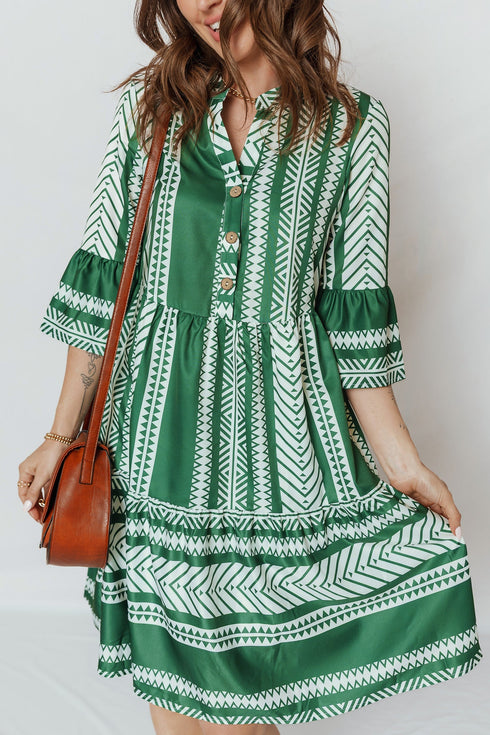 Bohemian Striped Half Button Three Quarter Sleeve Mini Dress