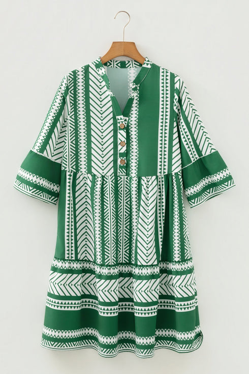 Bohemian Striped Half Button Three Quarter Sleeve Mini Dress