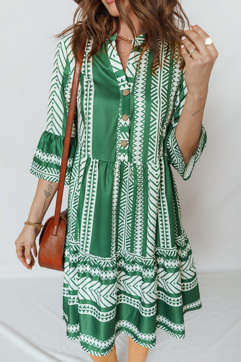 Bohemian Striped Half Button Three Quarter Sleeve Mini Dress