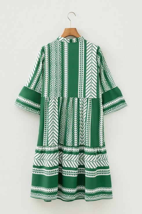 Bohemian Striped Half Button Three Quarter Sleeve Mini Dress