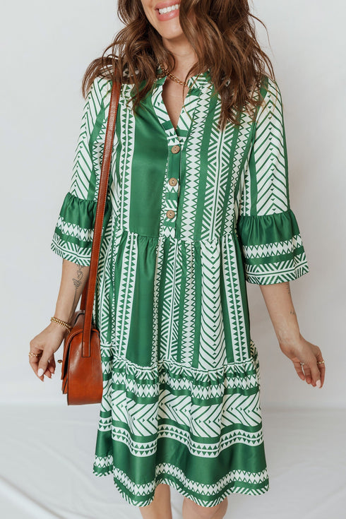 Bohemian Striped Half Button Three Quarter Sleeve Mini Dress