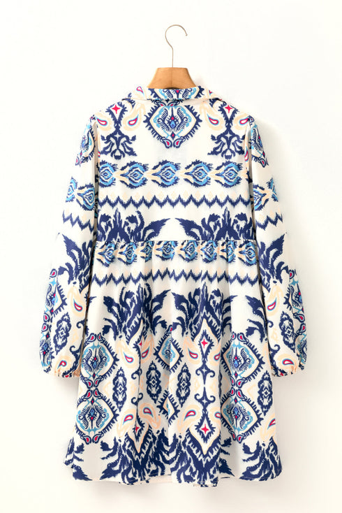 Bohemian Striped Print Split Neck Long Sleeve Mini Dress