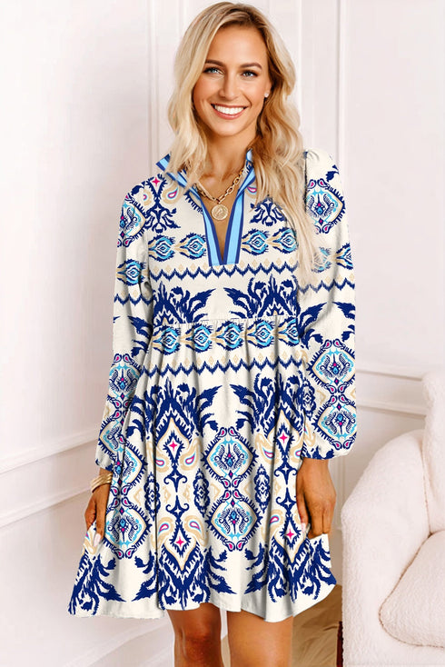 Bohemian Striped Print Split Neck Long Sleeve Mini Dress