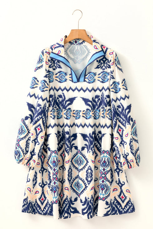 Bohemian Striped Print Split Neck Long Sleeve Mini Dress