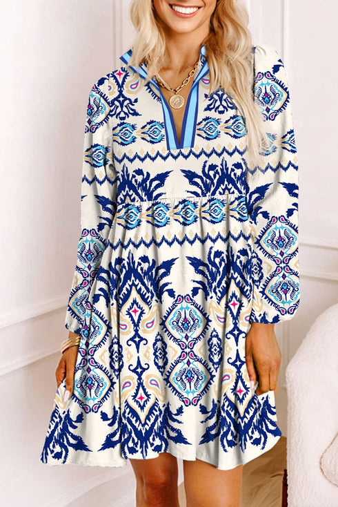 Bohemian Striped Print Split Neck Long Sleeve Mini Dress