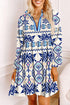 Bohemian Striped Print Split Neck Long Sleeve Mini Dress