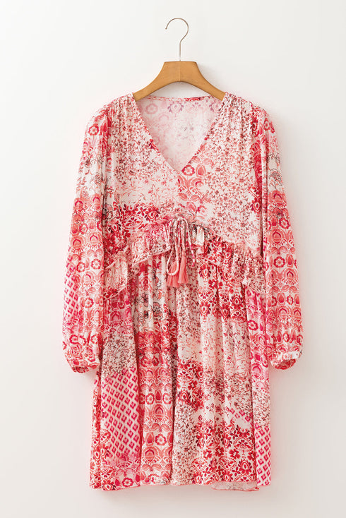 Bohemian Tassel Tie Long Sleeve Flowy Mini Floral Dress