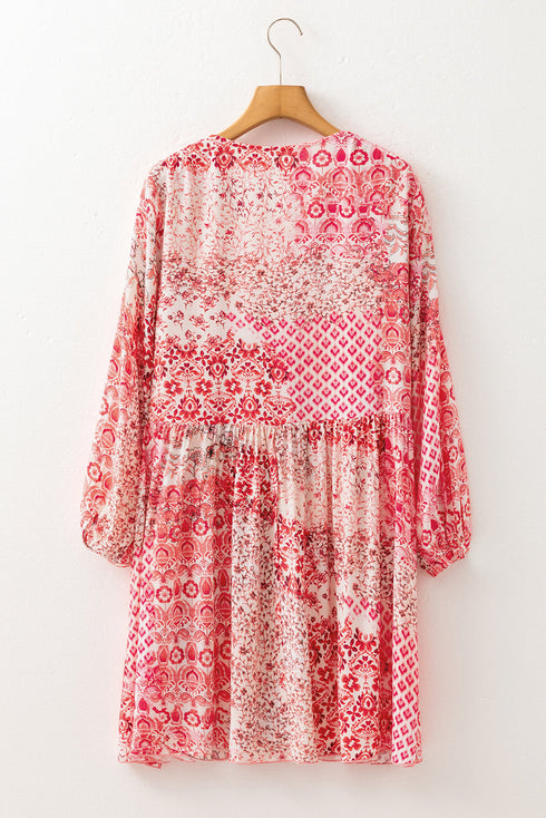 Bohemian Tassel Tie Long Sleeve Flowy Mini Floral Dress