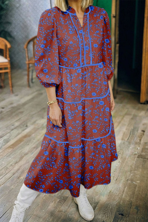 Bohemian Tiered Puff Sleeve A Line Floral Dress