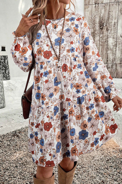 Bohemian Tiered Ruffled Long Sleeve Round Neck Floral Dress