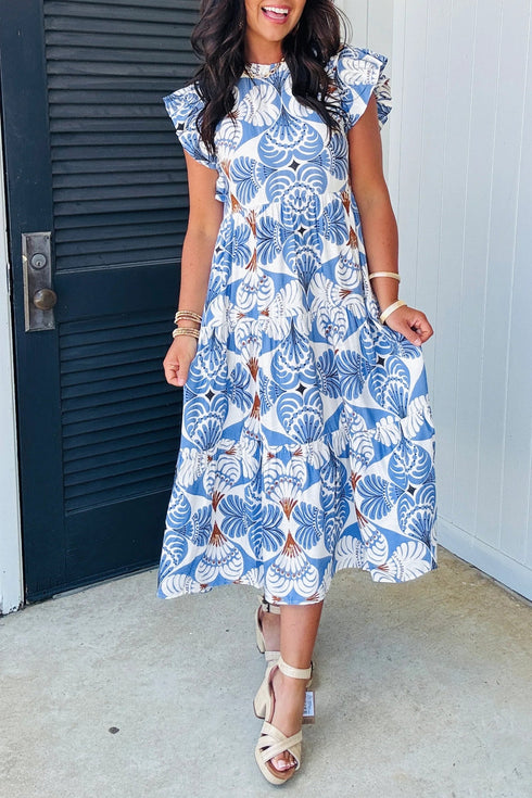 Bohemian Tropical Botanic Print Ruffle Sleeve Maxi Dress