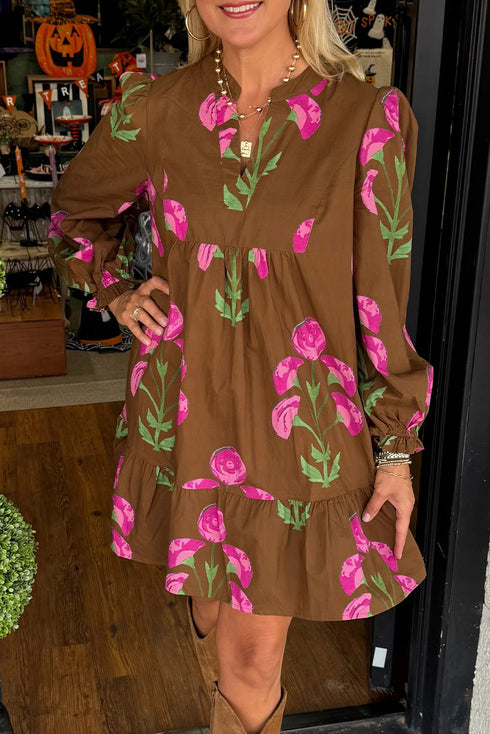 Bohemian Tunic Puff Sleeve Ruffled Babydoll Floral Dress