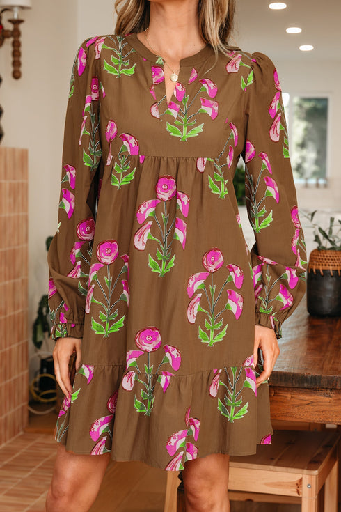 Bohemian Tunic Puff Sleeve Ruffled Babydoll Floral Dress