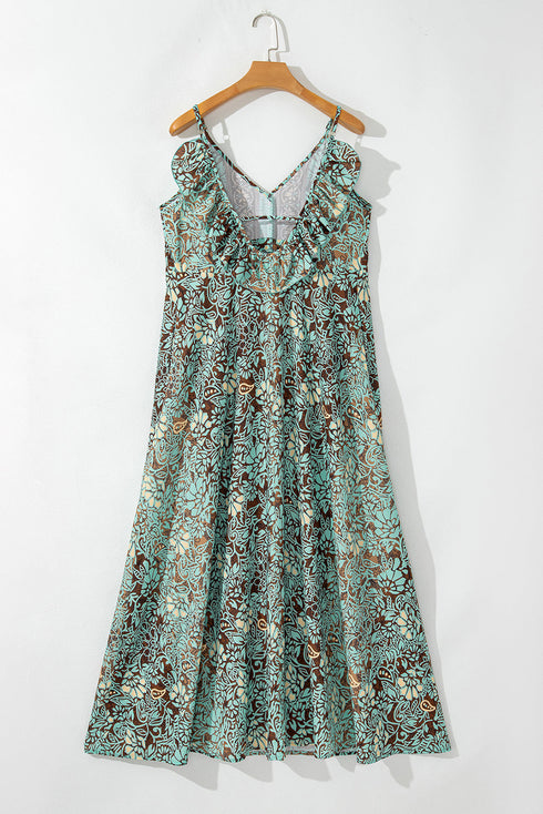 Bohemian V Neck Backless Ruffled Tassel Waist Maxi Floral Dress
