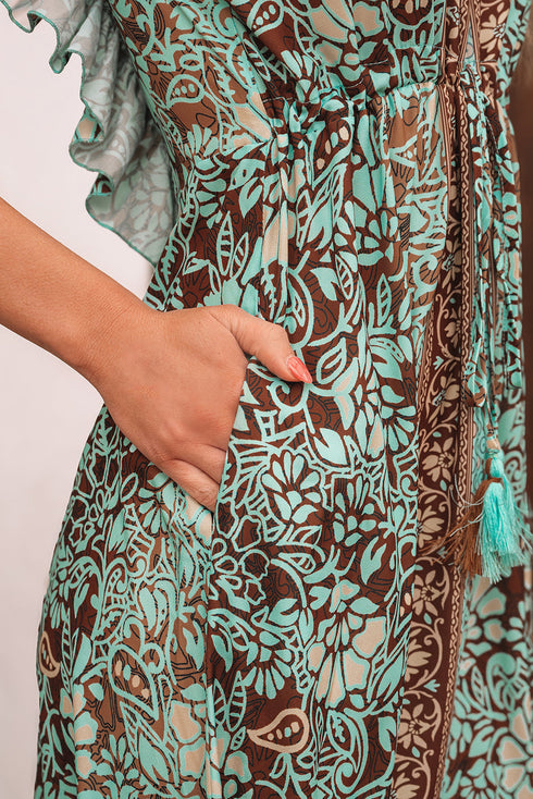 Bohemian V Neck Backless Ruffled Tassel Waist Maxi Floral Dress