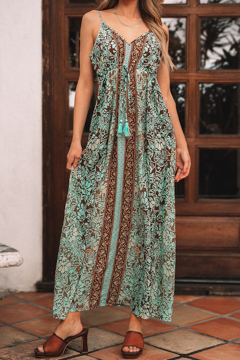 Bohemian V Neck Backless Ruffled Tassel Waist Maxi Floral Dress