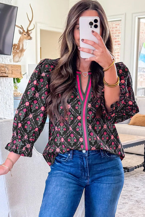 Bohemian Vintage Floral V Neckline Bracelet Sleeve Blouse