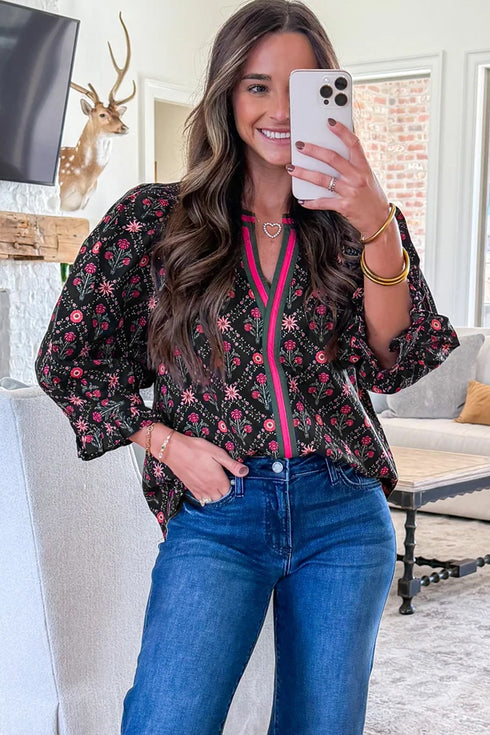 Bohemian Vintage Floral V Neckline Bracelet Sleeve Blouse